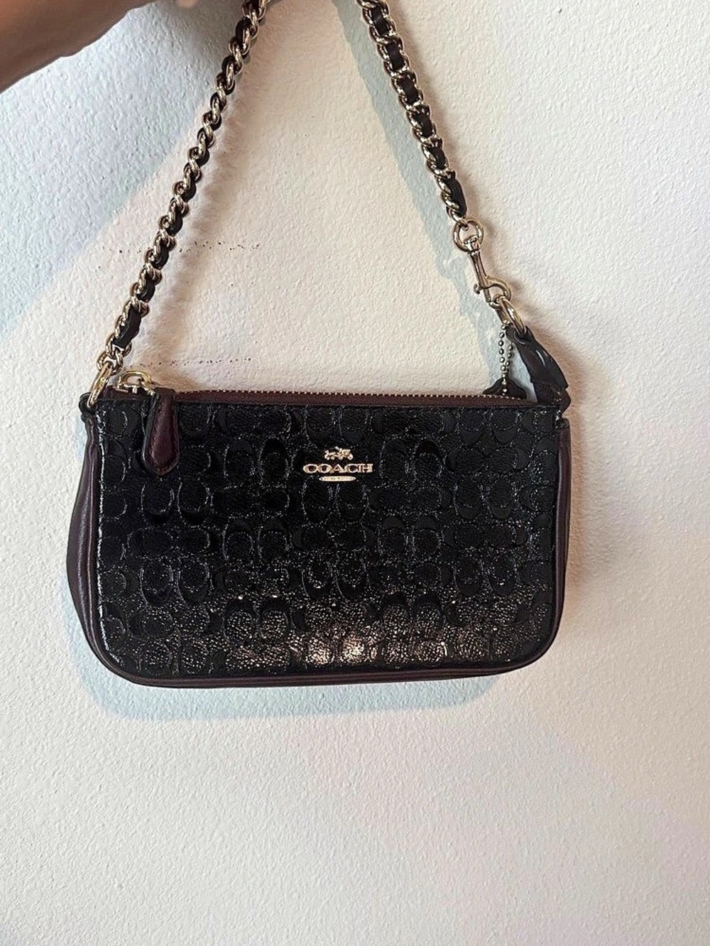 Coach Signature Patent Leather Swinger Bag in Black & Brown